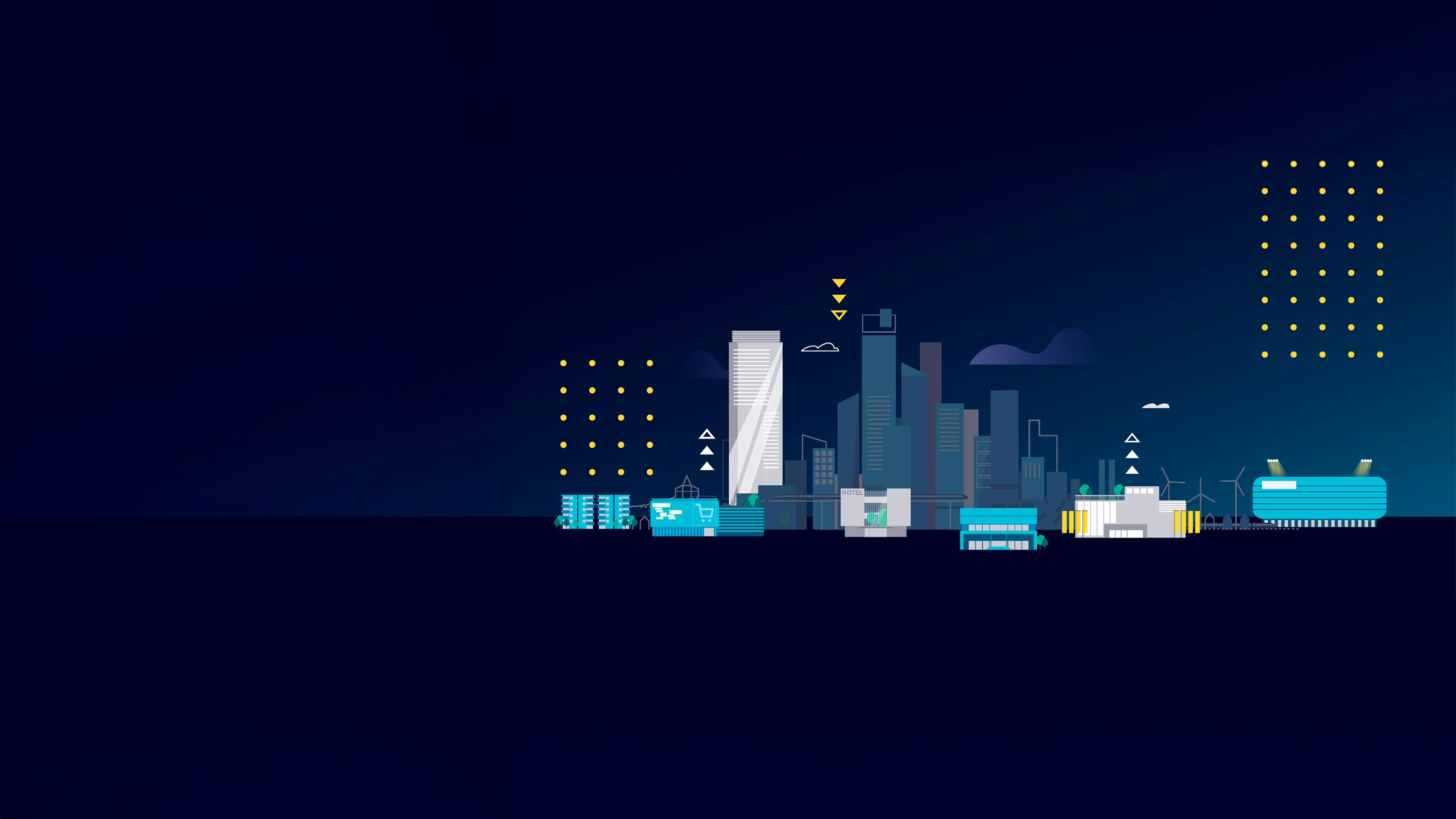 Illustrated cityscape of commercial buildings.