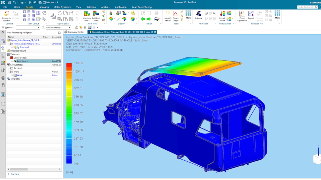 A diagram of a dark blue van shows how design engineers use the FEM capabilities of Solid Edge to verify the structural integrity of their designs for everyday basic verifications and outsource more in-depth stress analyses to a specialized internal department in EHG (The Team Technology; TTT) using Simcenter 3D. Copyright: Hymer GmbH & Co. KG.