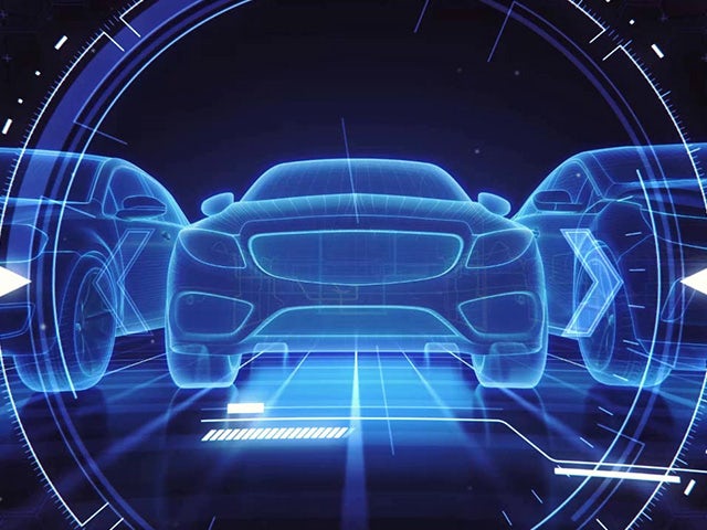 A blue digital wireframe of three cars inside a futuristic HUD-style circular interface with data lines and glowing light effects, representing a Software-Defined product