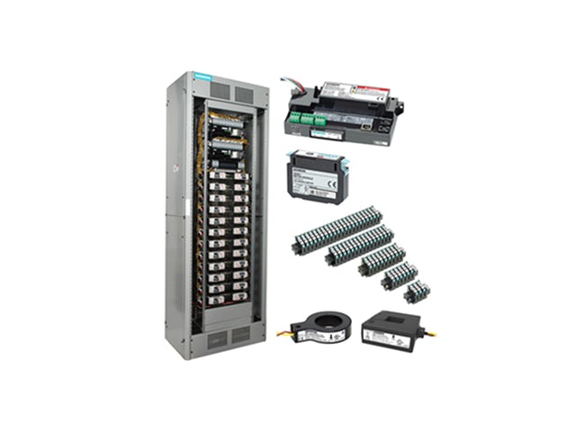 A tall, gray electrical cabinet filled with circuit breakers, alongside various electrical components including a main controller, meter module, racks, and solid and split-core current transformers, all on a white background.
