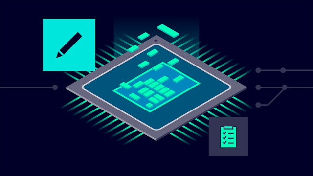 Icon depicting a microchip, a pencil and a clipboard on a dark-blue background