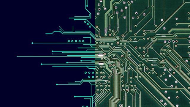 Circuit board with electronic components and blue tinted overlay