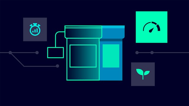 Icon depicting a machine digital twin, meter, timer and a leaf on a dark-blue background