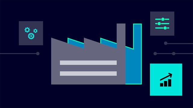 Smart manufacturing icon depicting a chip factory, gears and charts on a dark-blue background