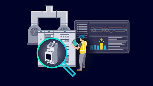 Illustrated man with tablet performing residual current monitoring for preventative fire protection.