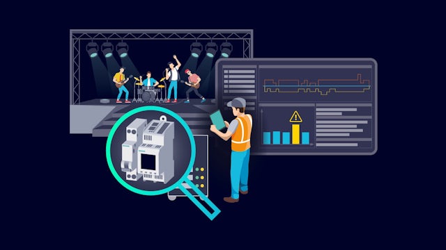 Illustrated man with tablet performing residual current monitoring for event systems.