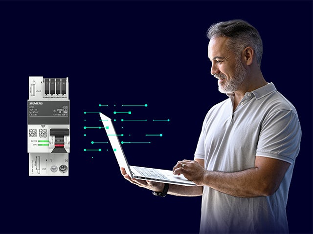 Electronic circuit protection device with blue display and control buttons on gray background