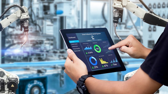 Industrial machinery with digital overlay showing data analytics and service lifecycle information