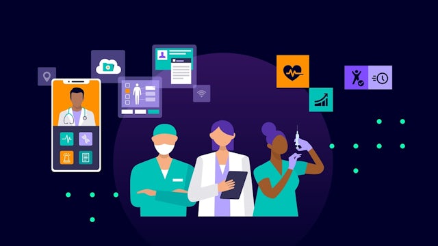 The Healthcare Leaders’ Briefing Series with 3 medical professionals standing side-by-side with icons and visuals of medical and healthcare features.