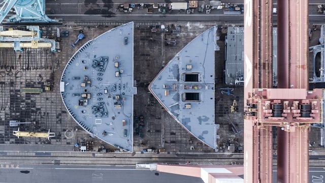 Aerial image of a ship being built.