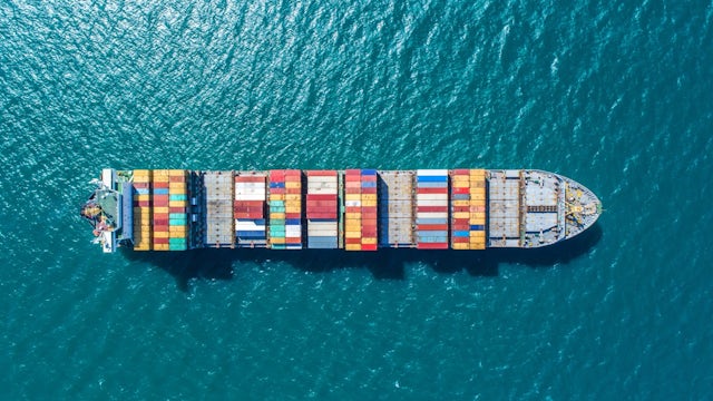 Aerial view of a ship on the water.