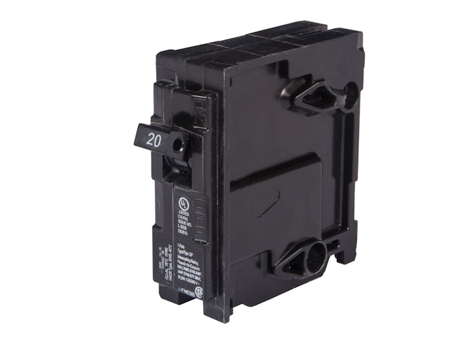 A black 20-amp circuit breaker with a toggle switch and product information labels, isolated on a white background.