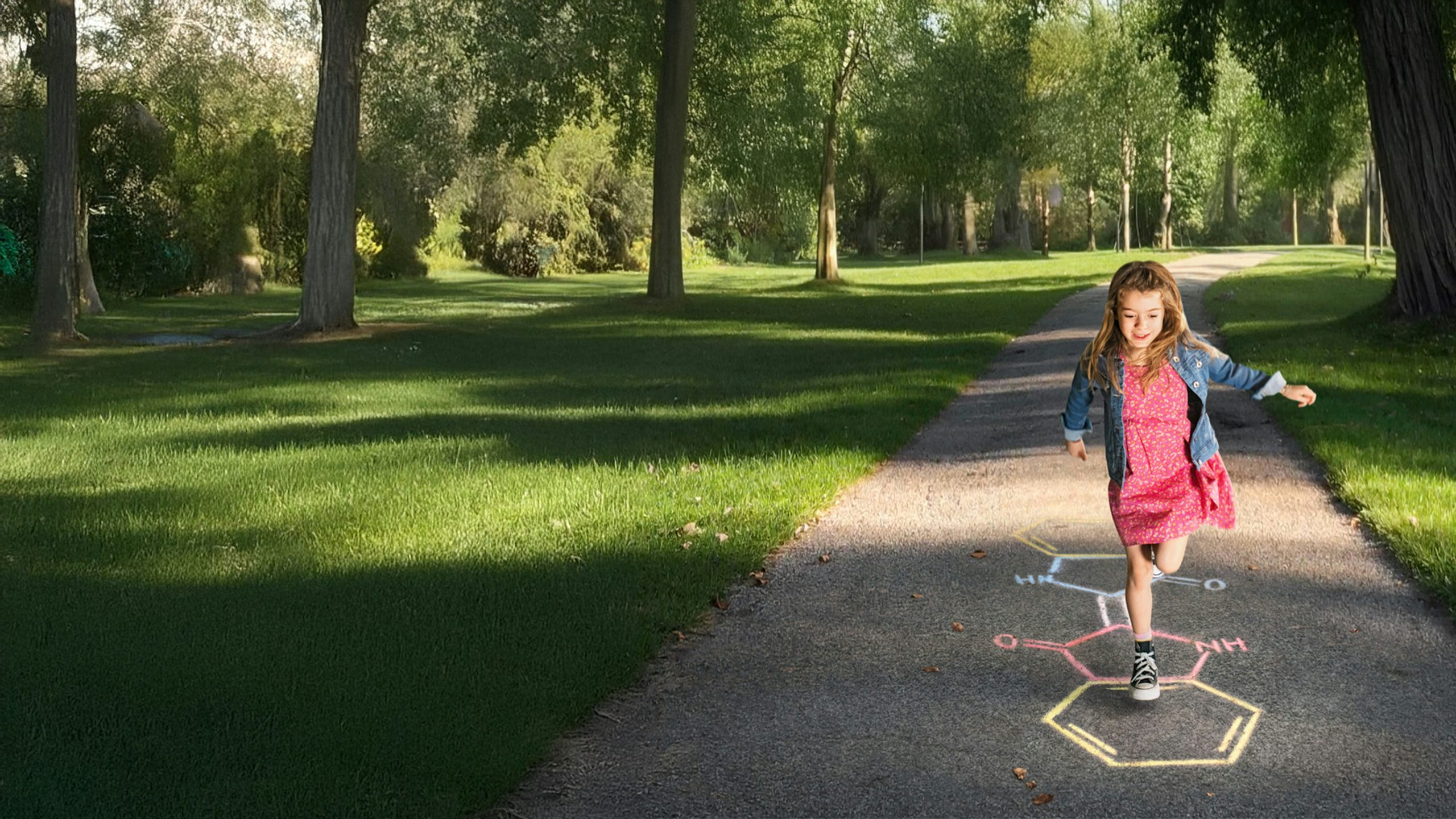 Young girl playing hopscotch on chalk-drawn chemical symbols.