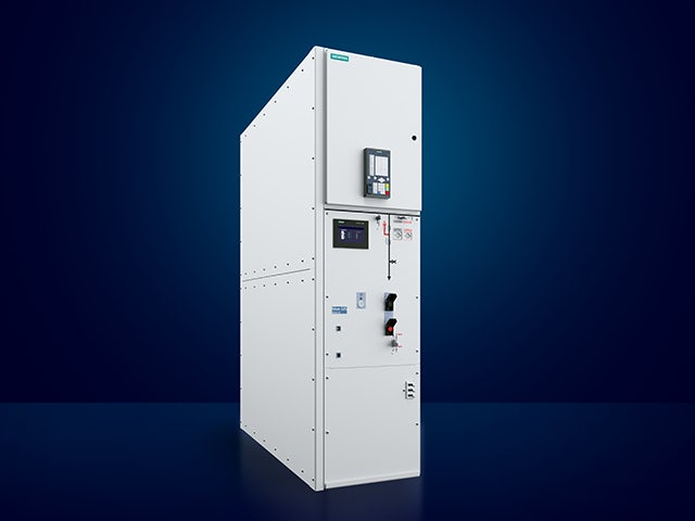 Siemens Energy Systems product promotion image featuring a blue GIS system.