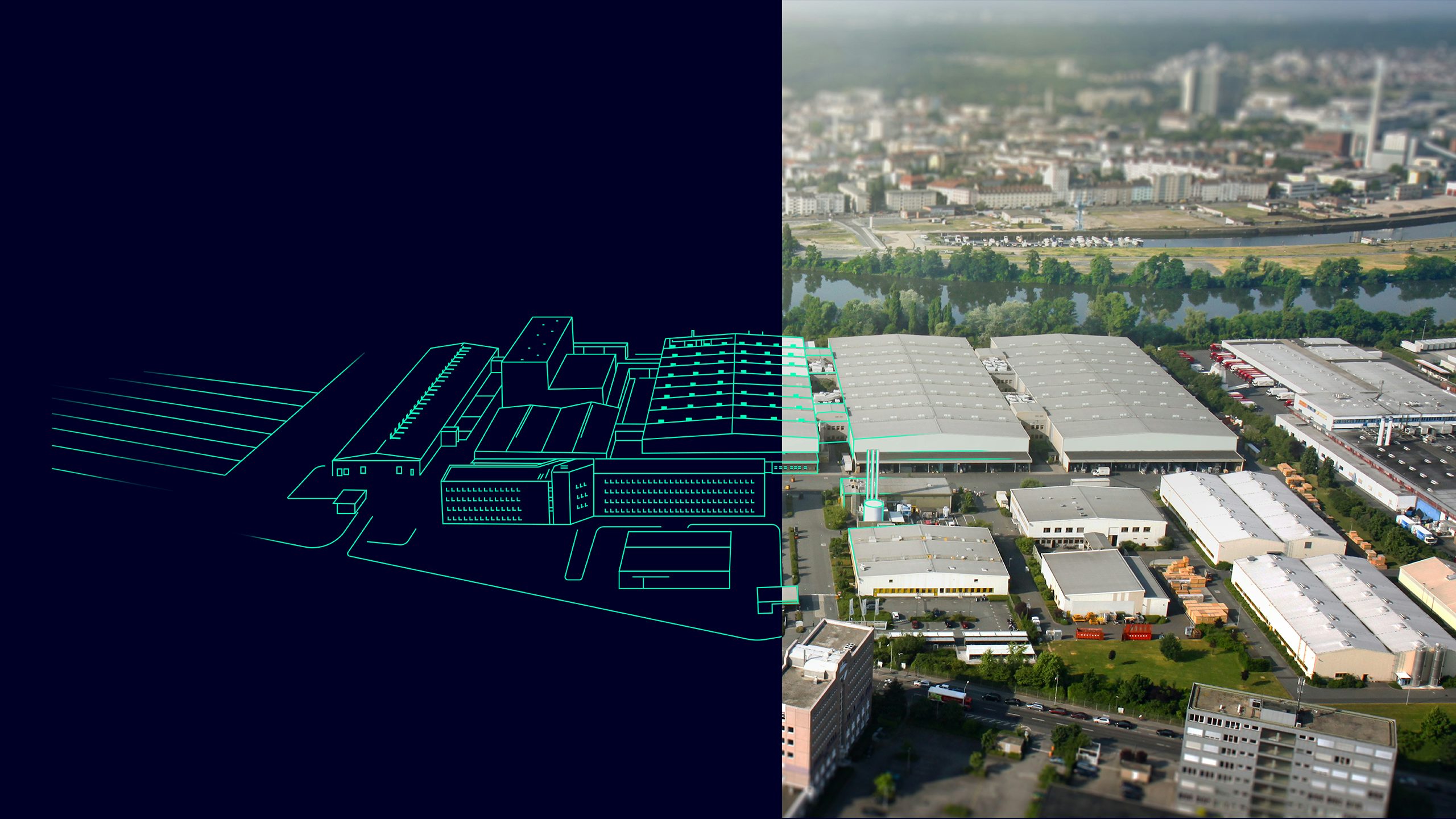 Aerial view of buildings.