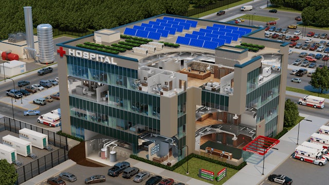 A bird's eye view of a hospital with a green roof and solar panels. 