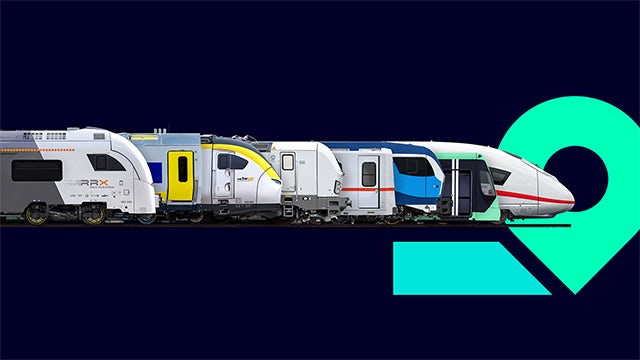 Various modern train cars lined up, teal location icon