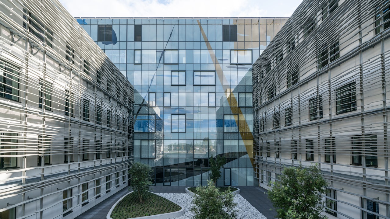 The courtyard of a healthcare facility.  