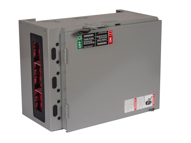 A Siemens vacuum breaker switch with a black handle and a silver body. 