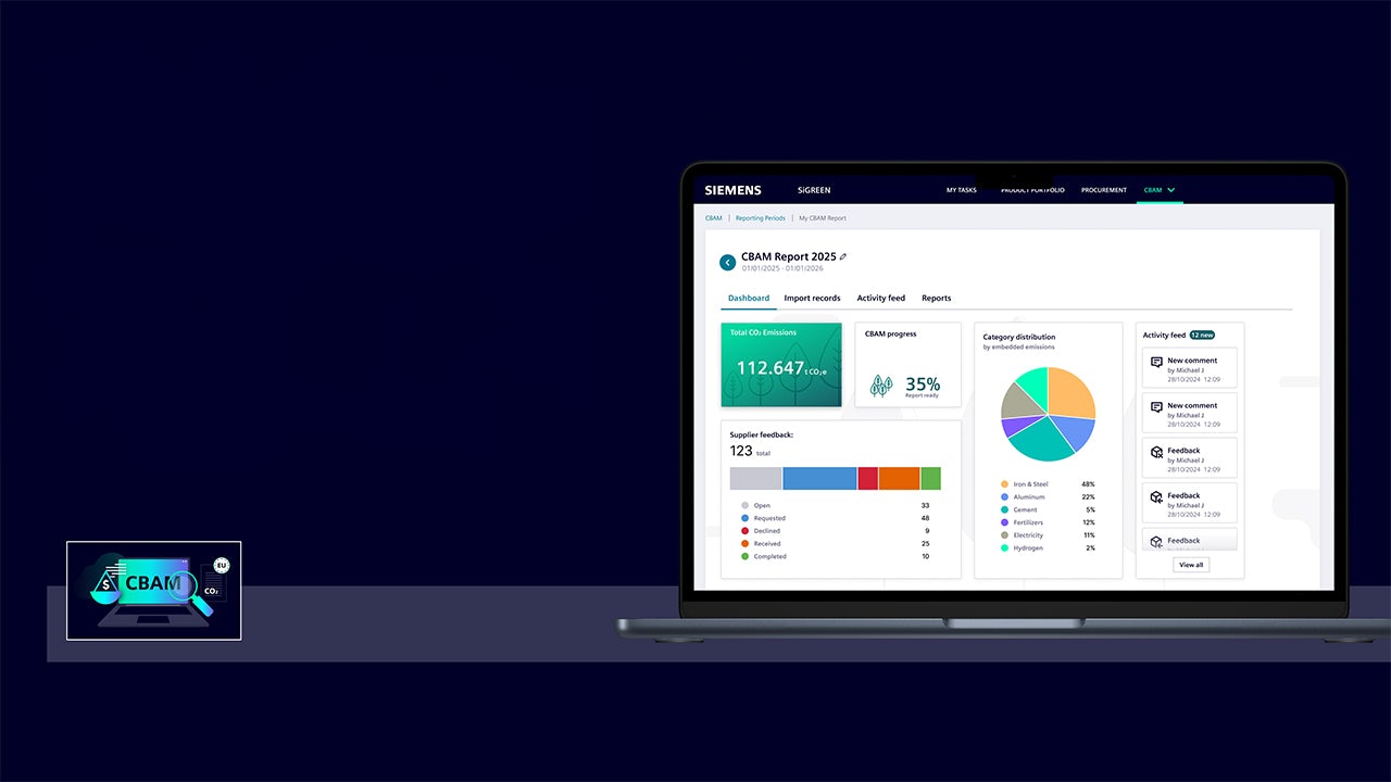A laptop displaying a webpage with a green background and text about CBAM.
