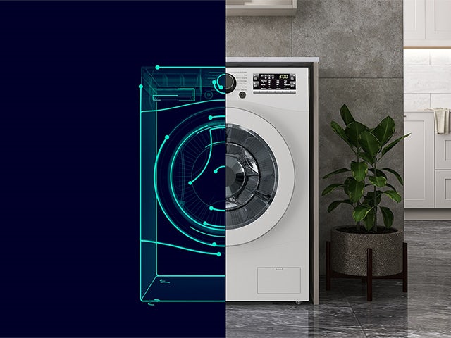 A digital twin simulation of a washing machine is displayed on a computer screen.