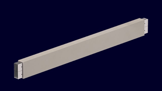 A promotional image of a busbar system with a silver metal frame and a black background.