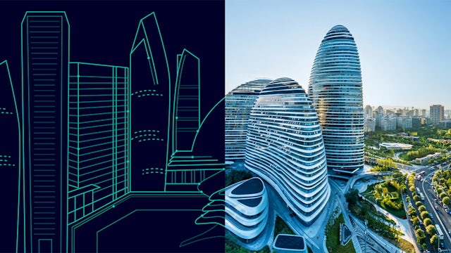 Futuristic cityscape with holographic building projections and data visualizations floating above skyscrapers