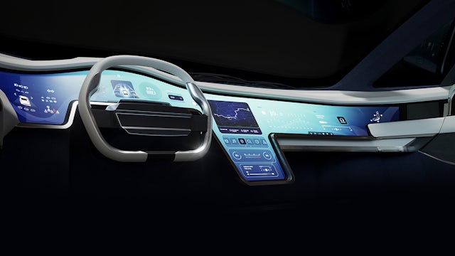 A modern car interior with a digital dashboard and touchscreen display.