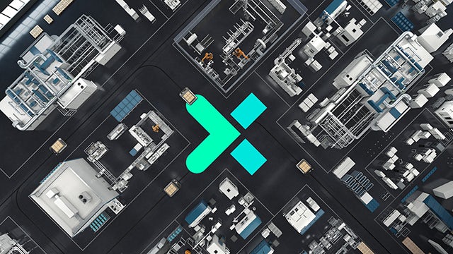 Siemens Xcelerator logo with production facility, software icons, and data dashboard collage.  