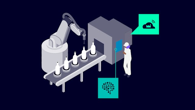Illustrated production line with worker managing control screen connected to cloud for intelligent automation.  
