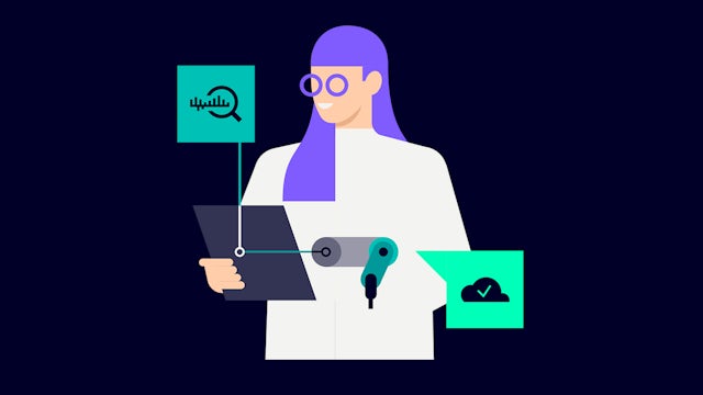 Illustrated worker holds tablet showing connected data and cloud-linked equipment.