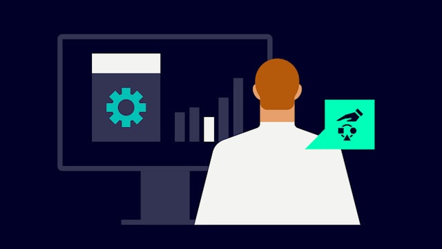 Illustrated worker at desk monitoring connected devices and apps to optimize production with IT.  