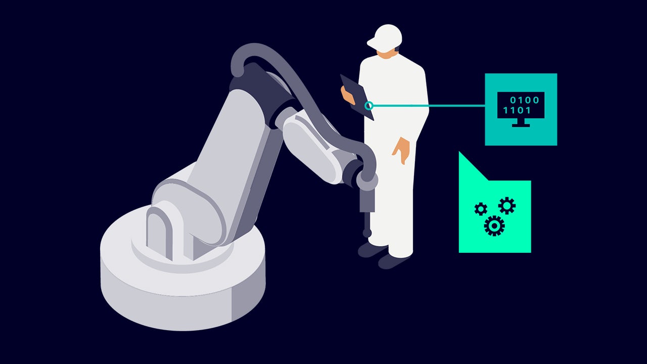 Illustrated worker controlling equipment on tablet with software</br>defined automation.