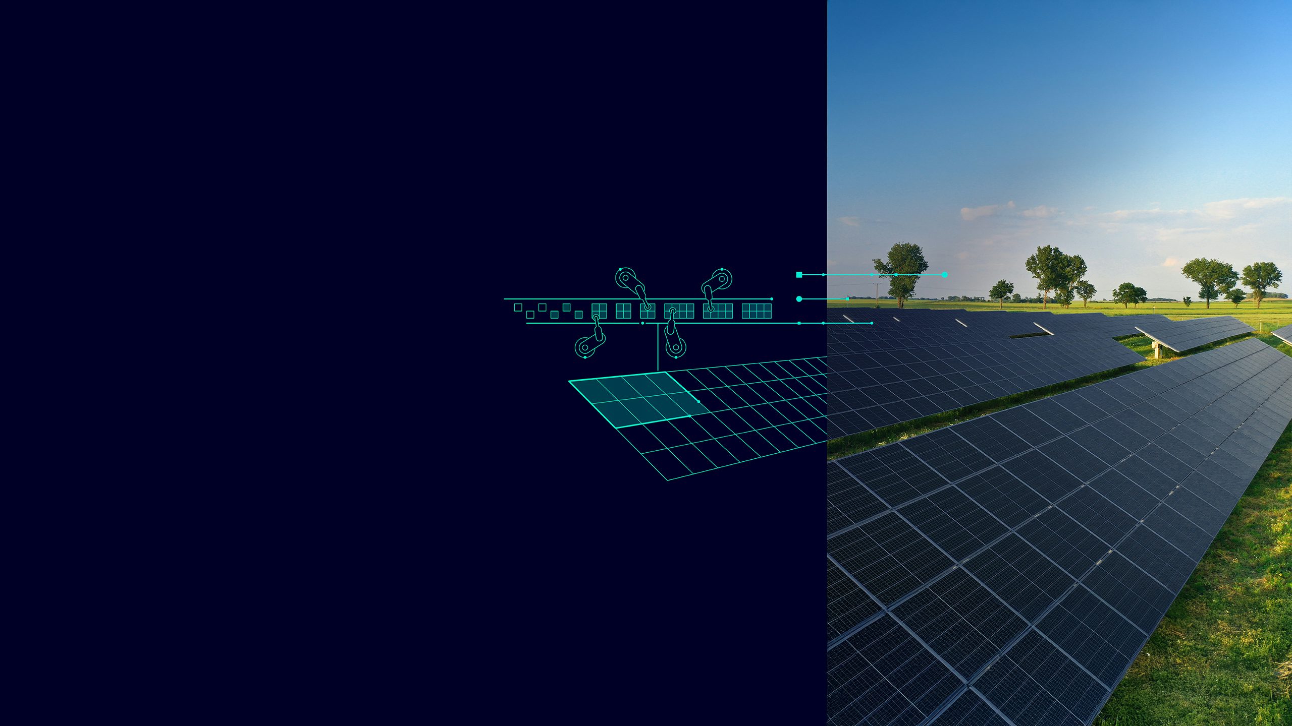 Split image with computer-rendered solar panels leading to real solar panels installed in a green field