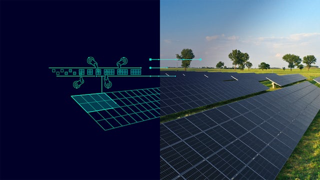 Visualization of solar panel production digital twin and real-life panel.