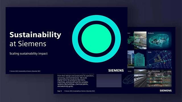 Two overlapping Sustainability at Siemens presentation slides on a dark blue background.