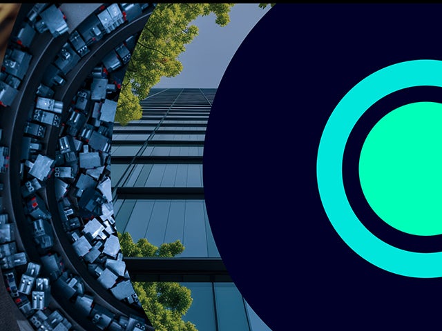 Collage of circles with people, equipment and buildings with trees, symbolizing Siemens’ sustainability efforts.