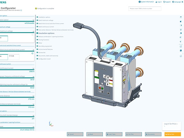 Screenshot of Siemens SION vacuum circuit breaker configurator.