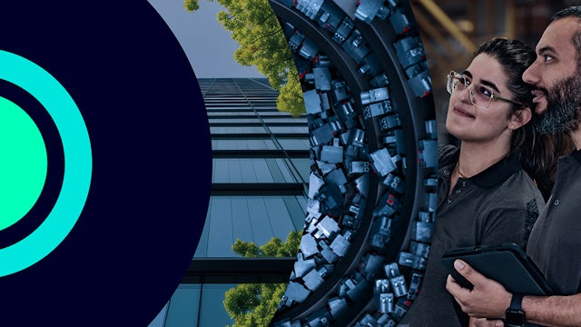 A composite image of a man and woman, recycled materials, a building's glass windows and a black circle encompassing green circles.