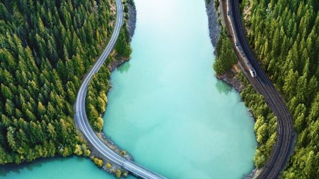 view on a train from a helicopter perspective