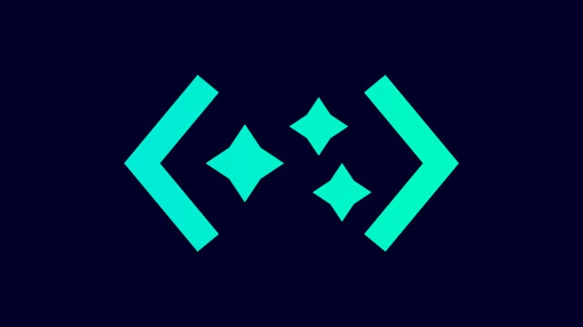 Stylized code brackets with glowing blue lines connecting various points, forming a network pattern