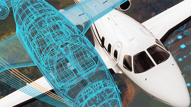 A white aircraft sits next to a superimposed digital twin representation of itself.