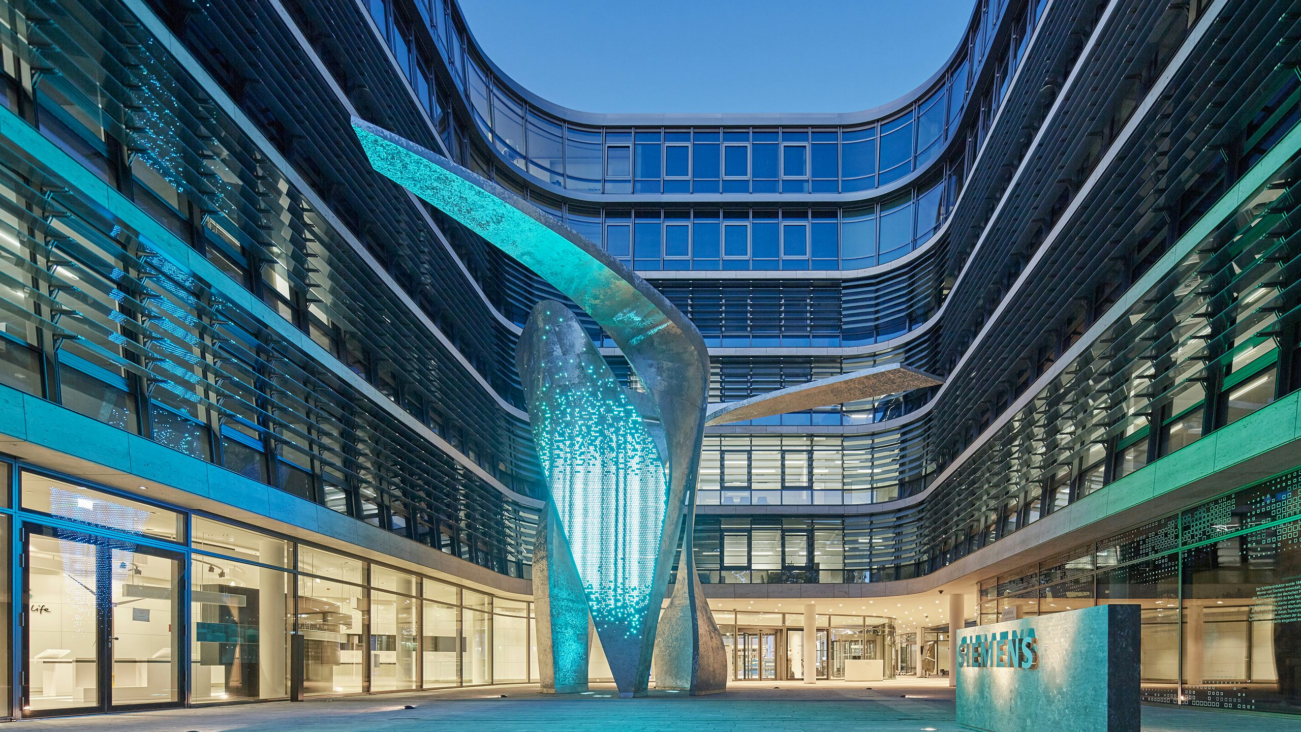 Siemens headquarters in Munich, Germany showcasing "The Wings" a sculpture and light installation by Studio Libeskind.