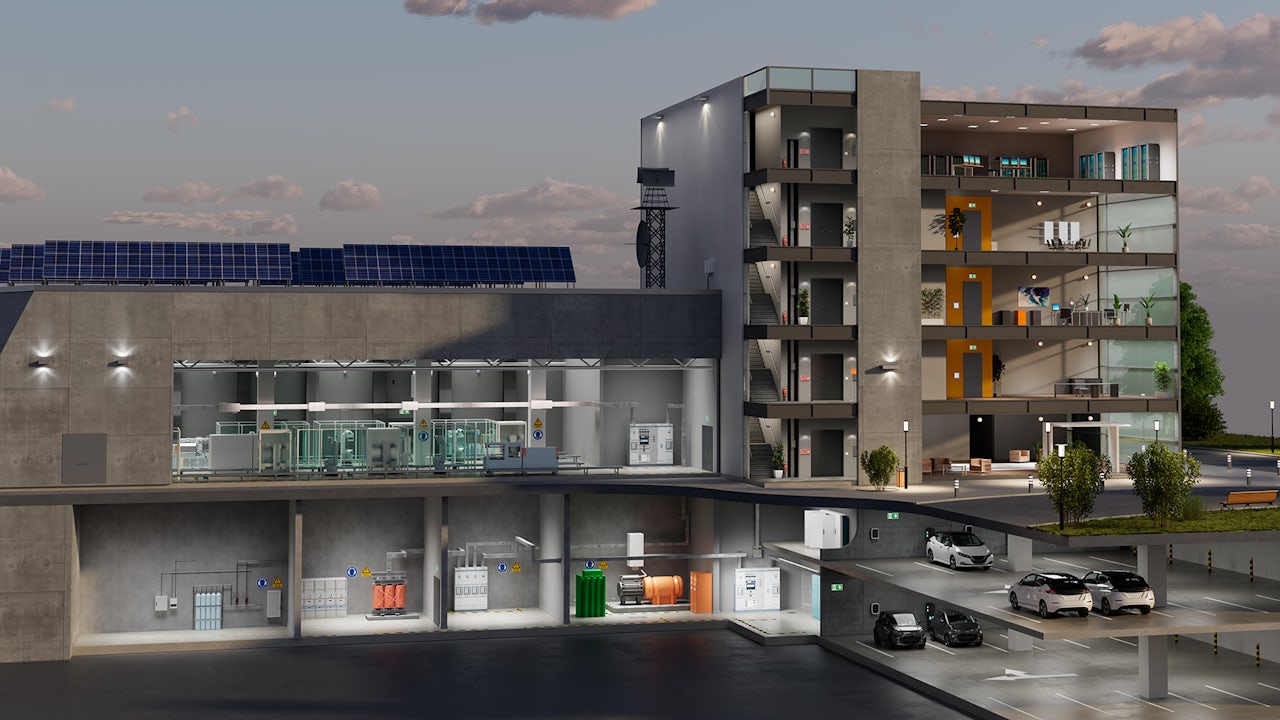 Architectural rendering of a multi-story modern apartment building that demonstrates totally integrated power solutions