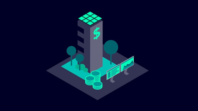 Icon with stylized trees, a building with solar panels and a dollar sign, computer monitors and stack of coins