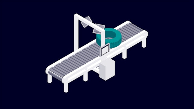 Illustration of a tire on a conveyer belt.