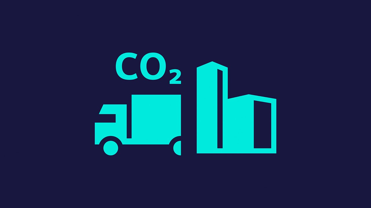 Icon with carbon dioxide, a truck and buildings