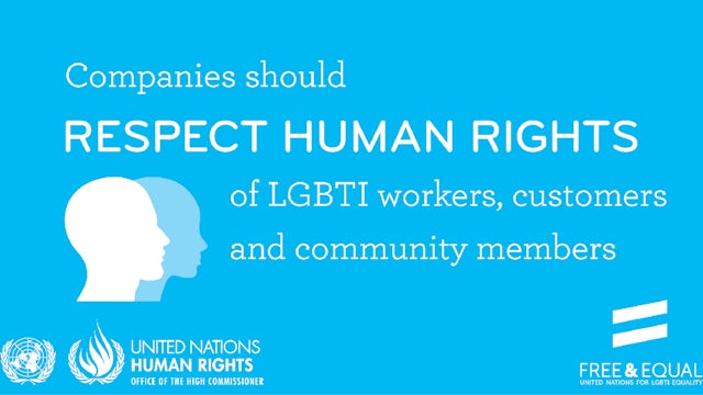 A poster with a rainbow background and text about the UN LGBTI Standards of Conduct.