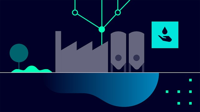 Stylized icon depicting a water treatment plant with above-ground tanks and an underwater reservoir.