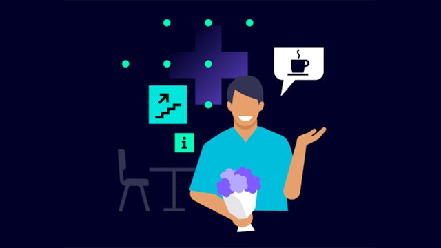 Hospital wayfinding sign with blue background guiding patients to different medical departments and services.